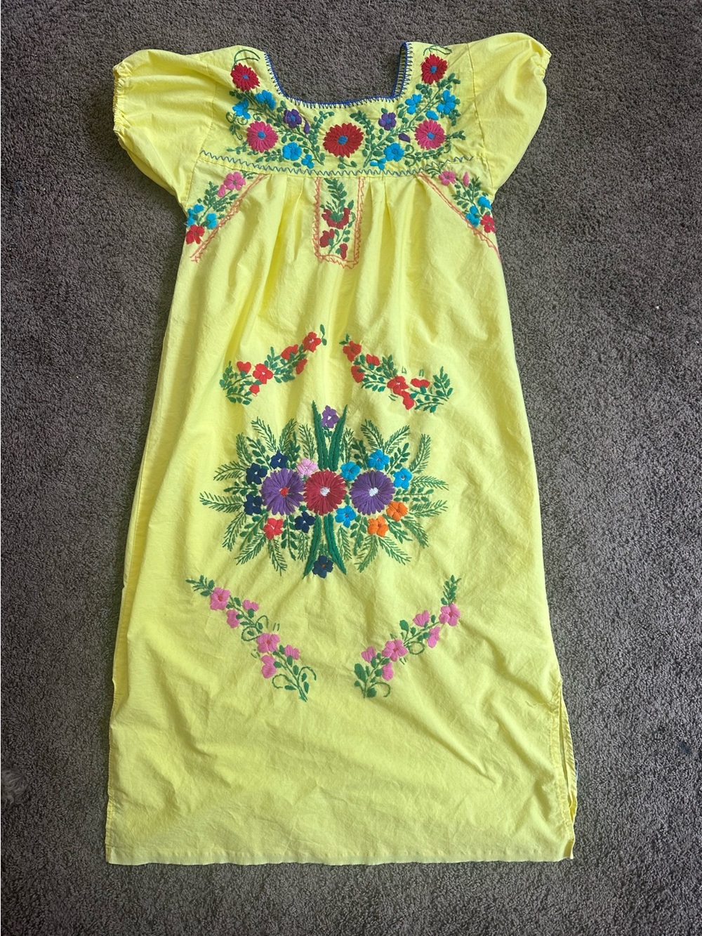 Authentic Mexican Cotton Yellow Floral Embroidered Women’s Dress